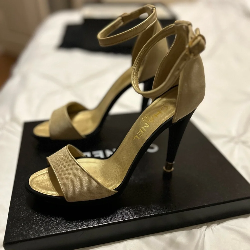 Chanel gold & black ankle strap heels -39 (US 8.5-9)